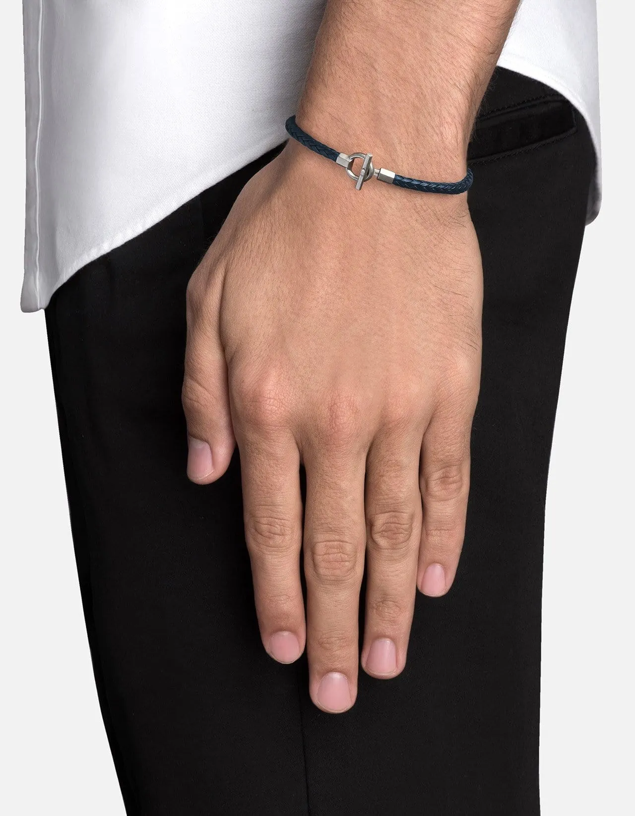 Atlas Leather Bracelet, Matte Sterling Silver/Navy Blue