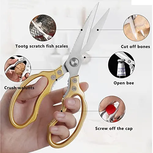 AWinjoy Kitchen Scissors, Heavy Duty Sharp Kitchen Shears Dishwasher Safe ,Gold Kitchen Accessories Cooking Shears for Kitchen Meat Chicken Fish Poultry Herb Bread (Gold)