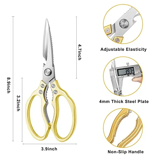 AWinjoy Kitchen Scissors, Heavy Duty Sharp Kitchen Shears Dishwasher Safe ,Gold Kitchen Accessories Cooking Shears for Kitchen Meat Chicken Fish Poultry Herb Bread (Gold)