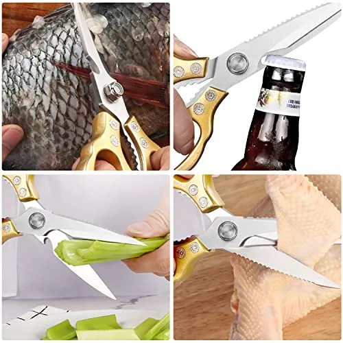 AWinjoy Kitchen Scissors, Heavy Duty Sharp Kitchen Shears Dishwasher Safe ,Gold Kitchen Accessories Cooking Shears for Kitchen Meat Chicken Fish Poultry Herb Bread (Gold)