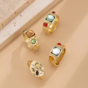 Baroque 4Pcs Colorful Crystal Inlaid Wide Ring Set