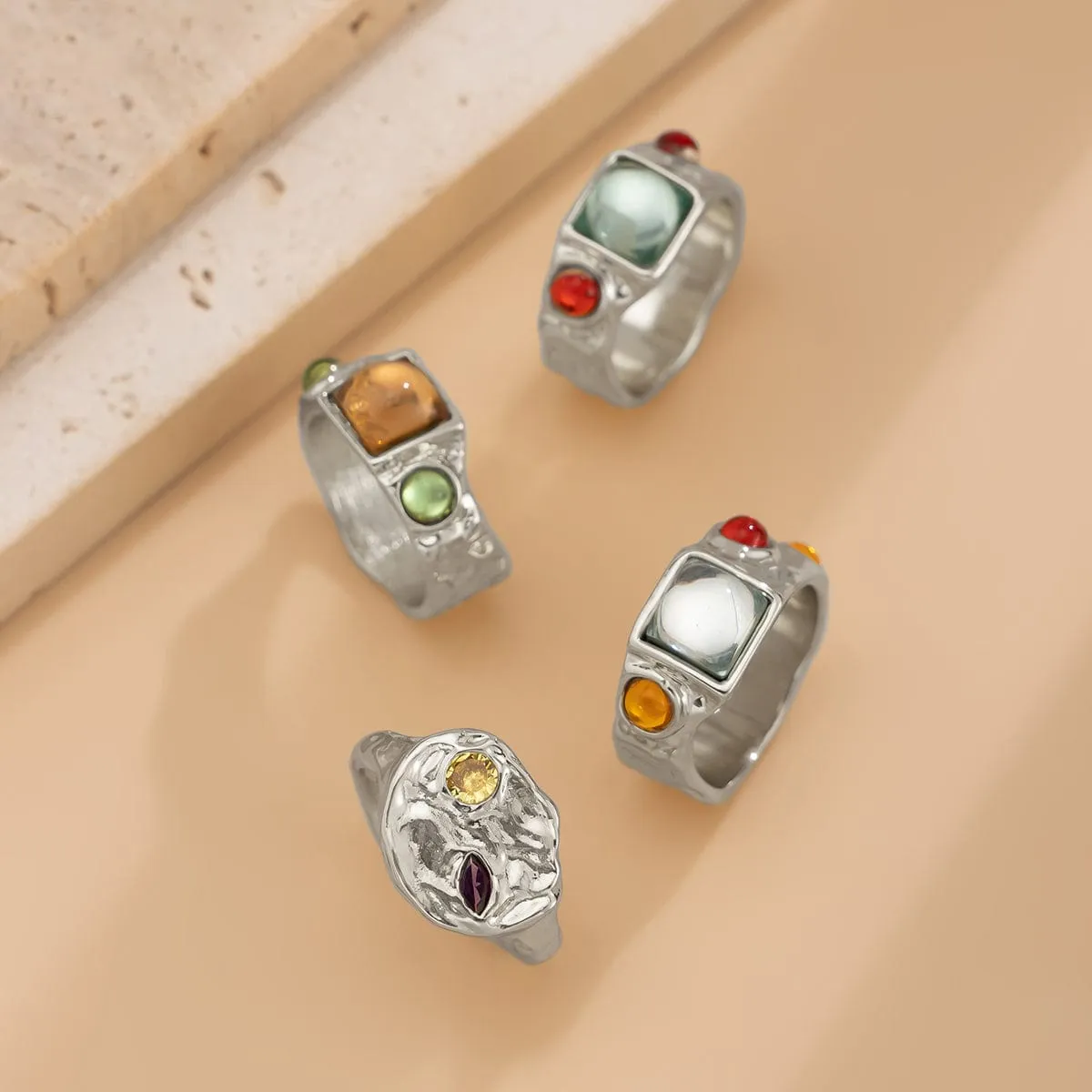 Baroque 4Pcs Colorful Crystal Inlaid Wide Ring Set