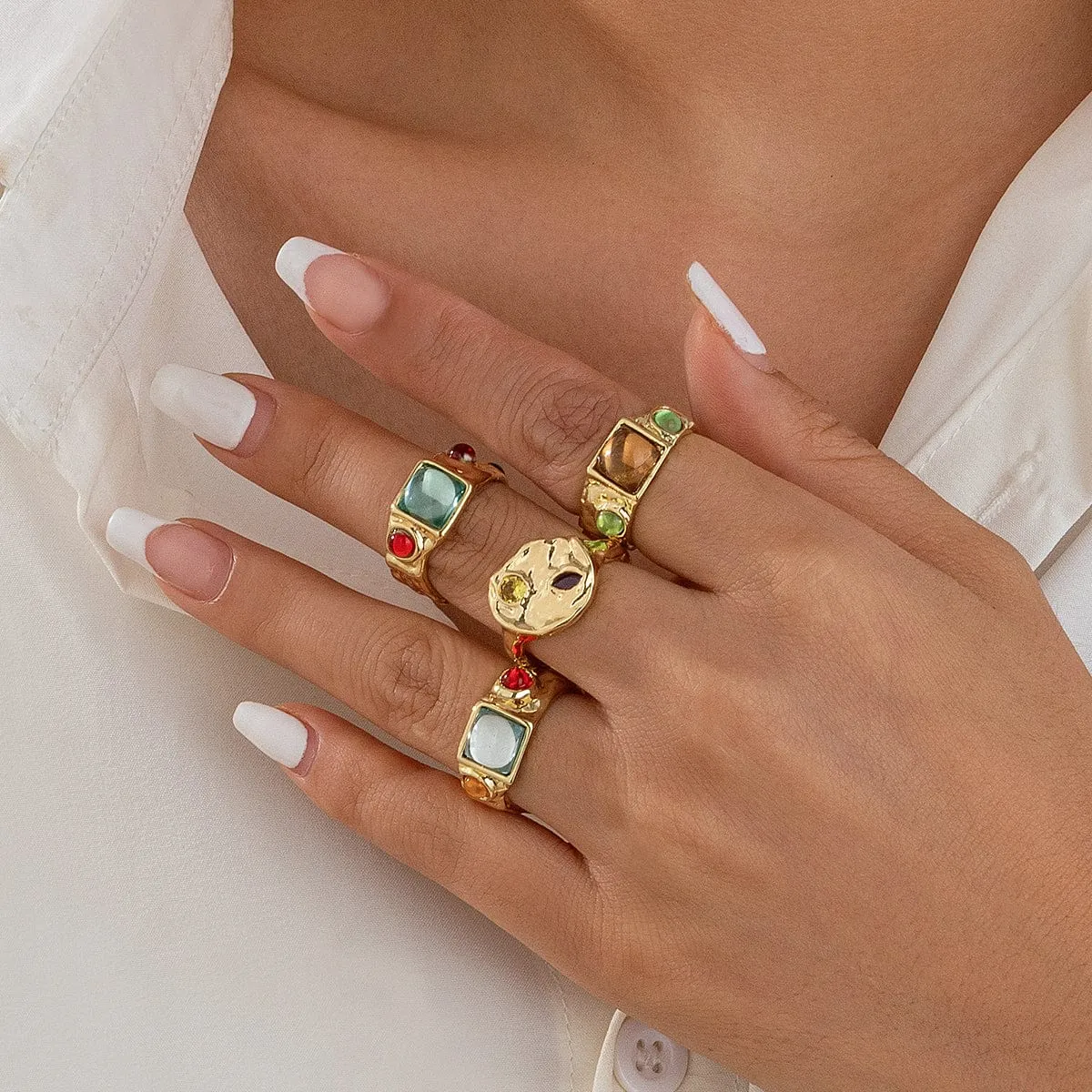 Baroque 4Pcs Colorful Crystal Inlaid Wide Ring Set