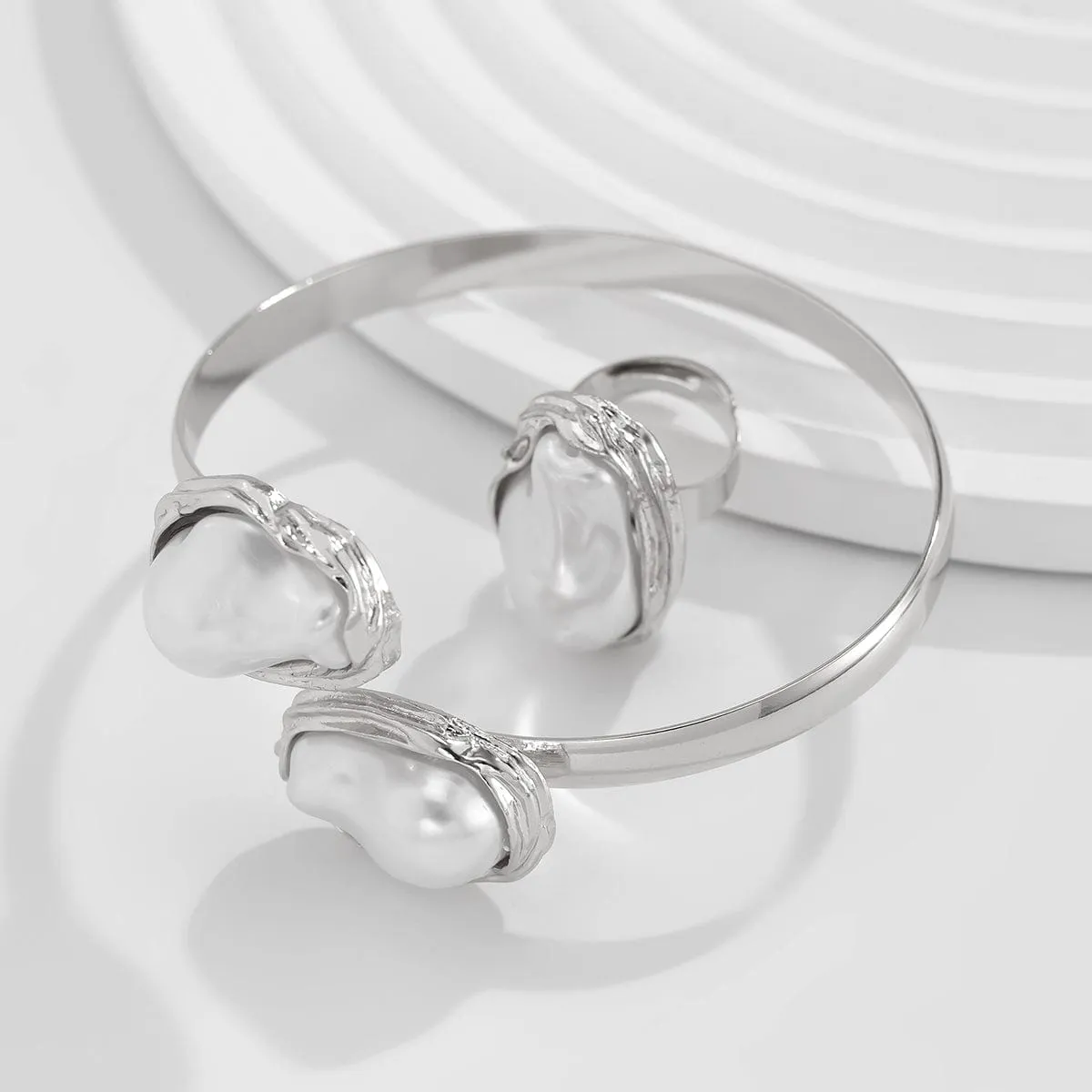 Baroque Irregular Pearl Inlaid Open Ring Bangle Bracelet Set