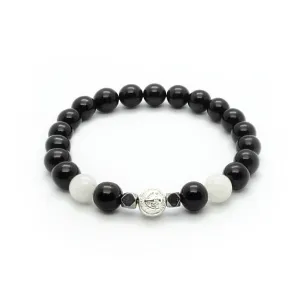 Black Onyx Bracelet With White Moonstone and Hematite in Silver | 8MM