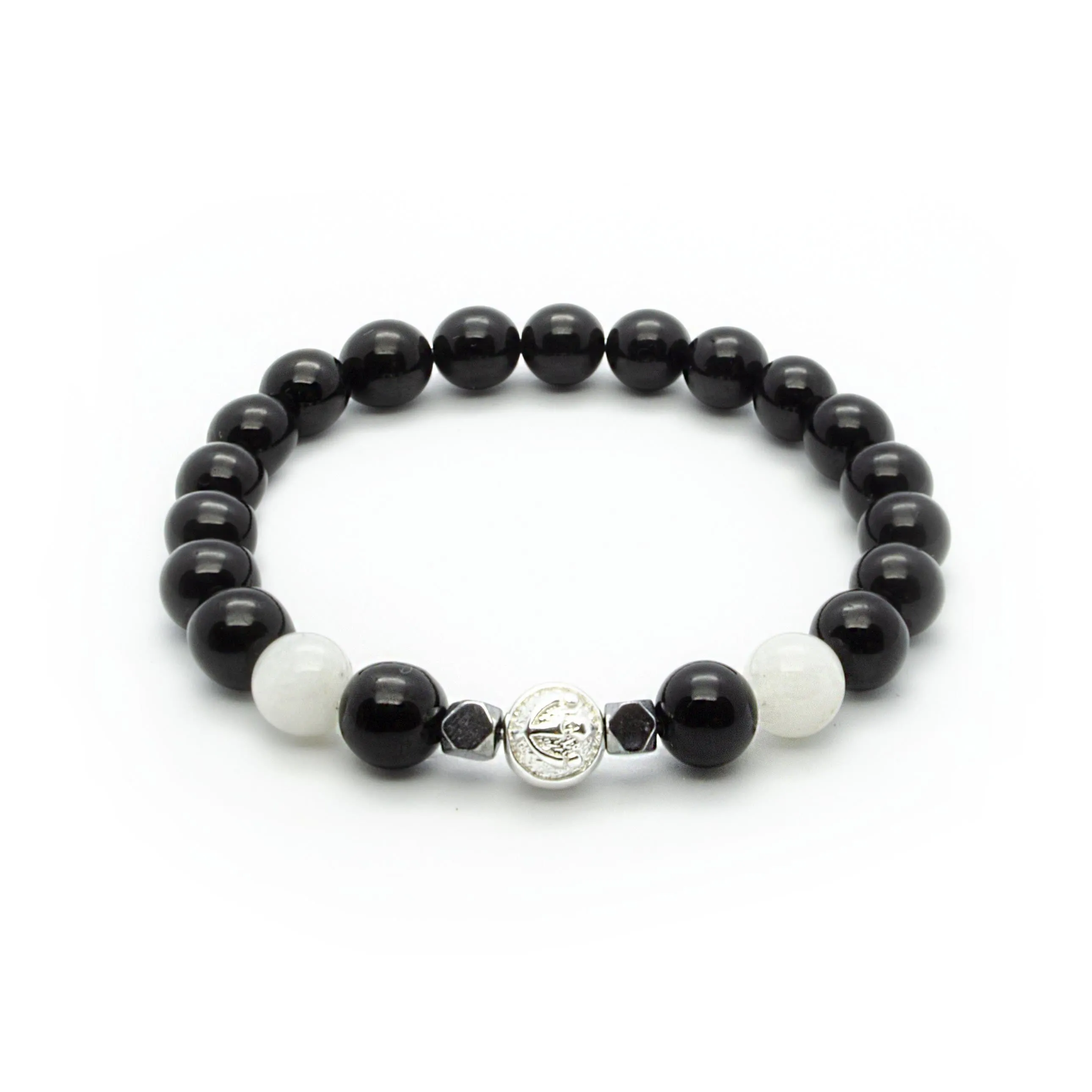 Black Onyx Bracelet With White Moonstone and Hematite in Silver | 8MM