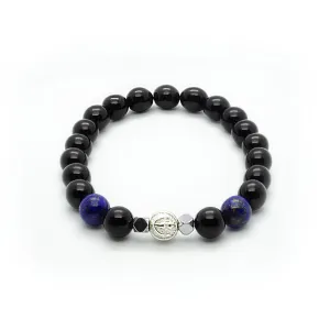 Black Onyx Stretch Wristband With Blue Lapis Lazuli and Hematite in Silver | 8MM