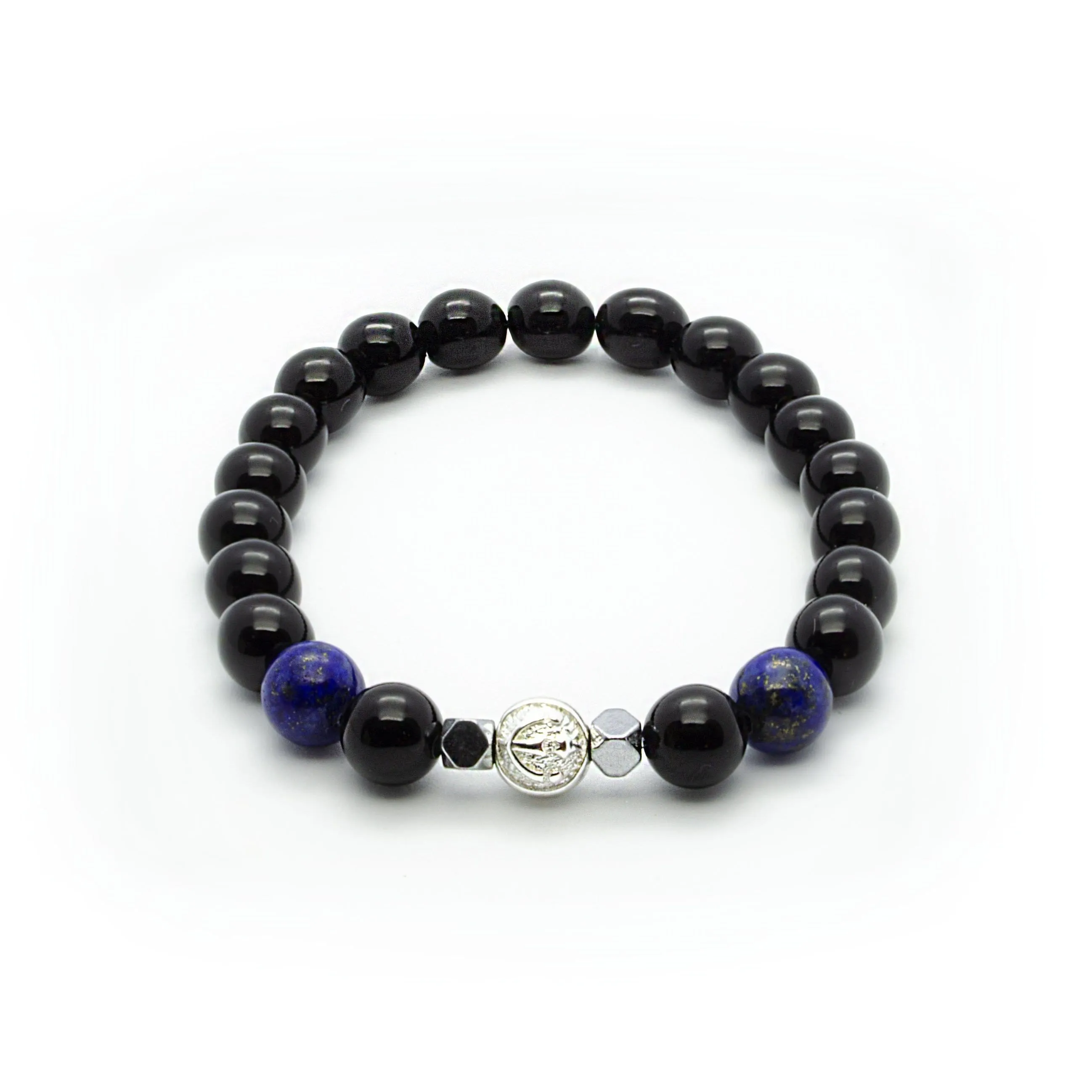 Black Onyx Stretch Wristband With Blue Lapis Lazuli and Hematite in Silver | 8MM