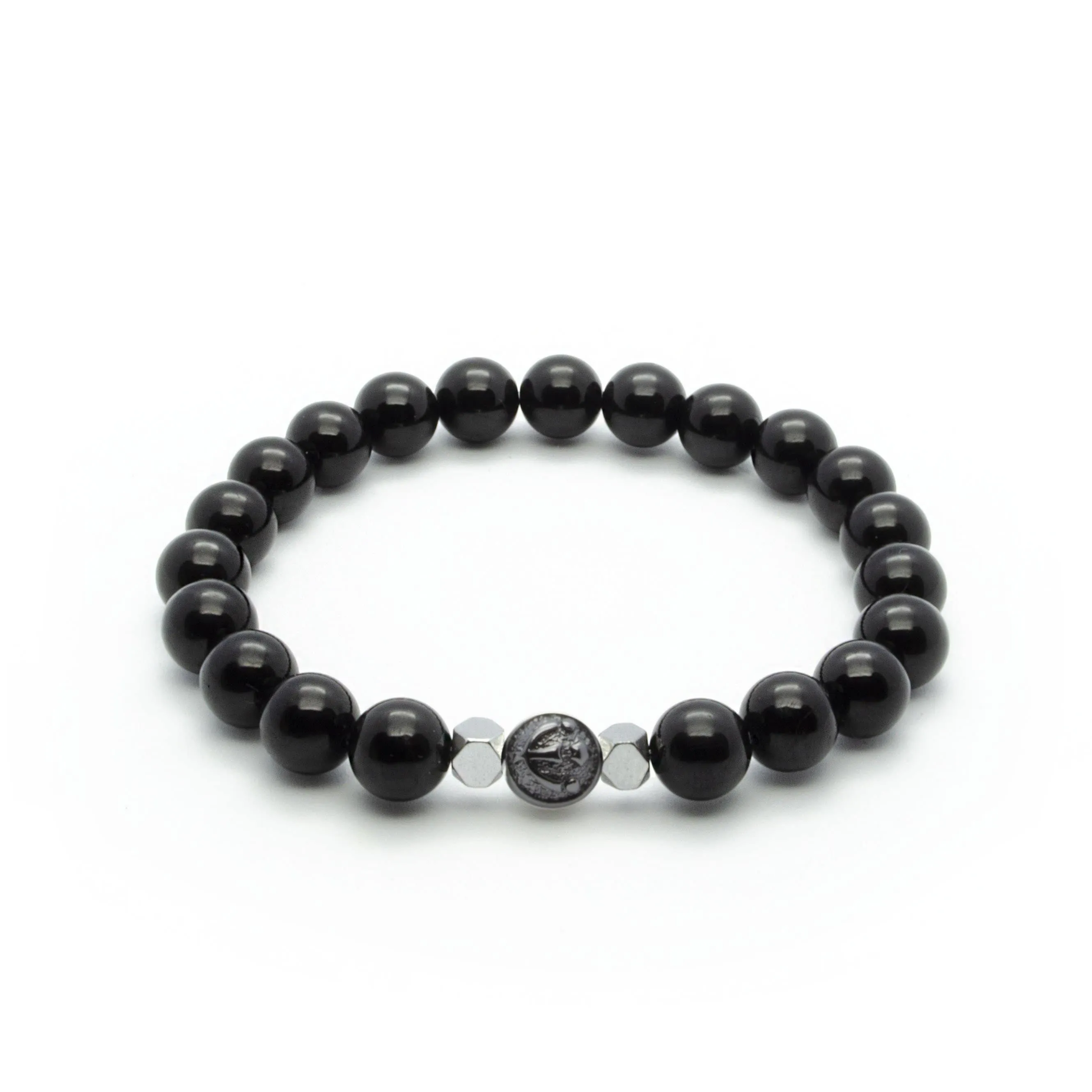 Black Onyx Stretch Wristband With Hematite in Silver/Gold/Rhodium | 8MM