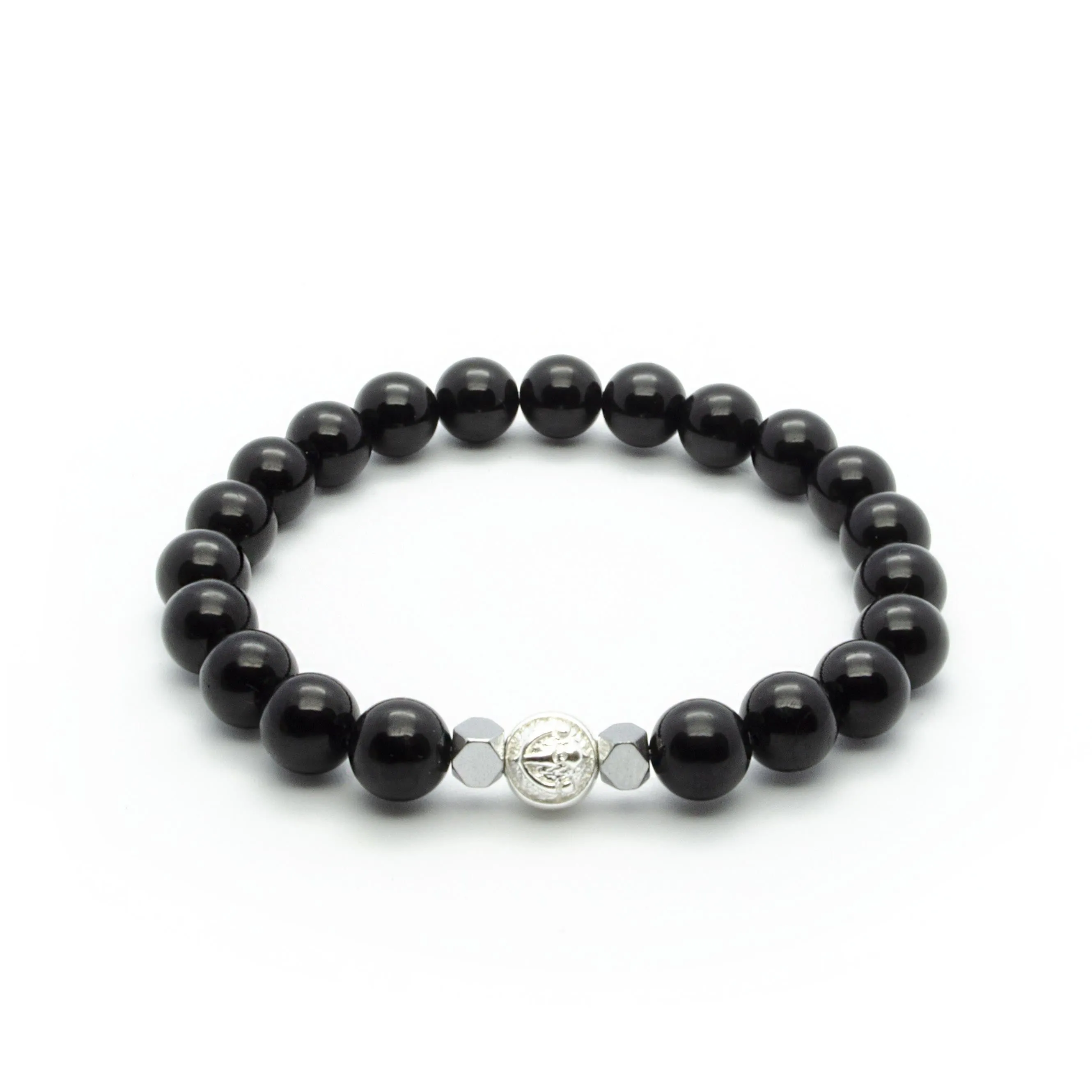 Black Onyx Stretch Wristband With Hematite in Silver/Gold/Rhodium | 8MM