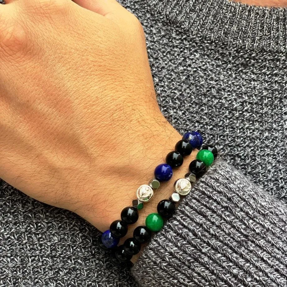 Black Onyx Wristband With Green Jade, Hematite and Solid Silver | 8MM
