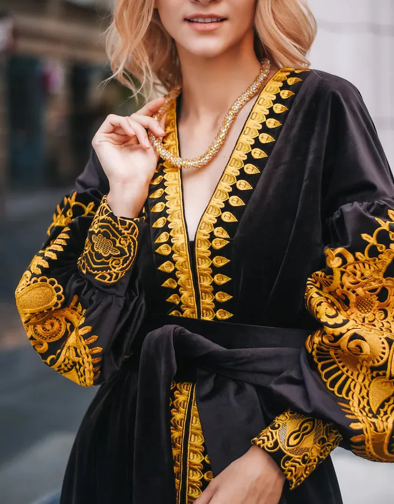 Black velvet kaftan with gold embroidery