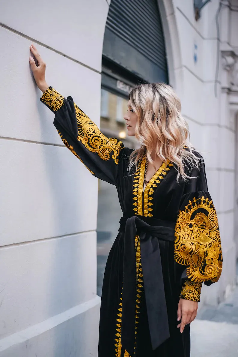 Black velvet kaftan with gold embroidery