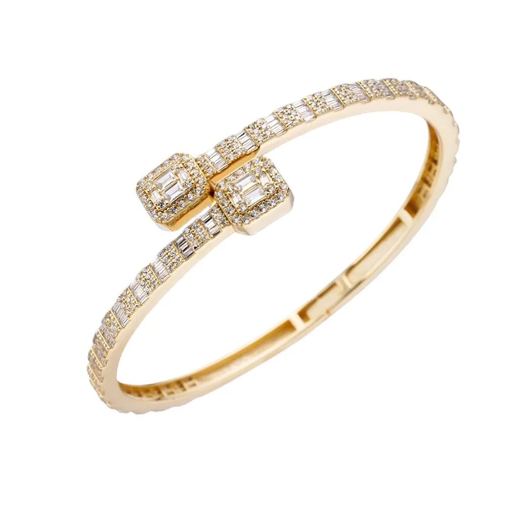 Bling Iced Out Unisex 14k Gold Plated over Sterling Silver 925 Moissanite Square Cuff Bangle Bracelet - M303419