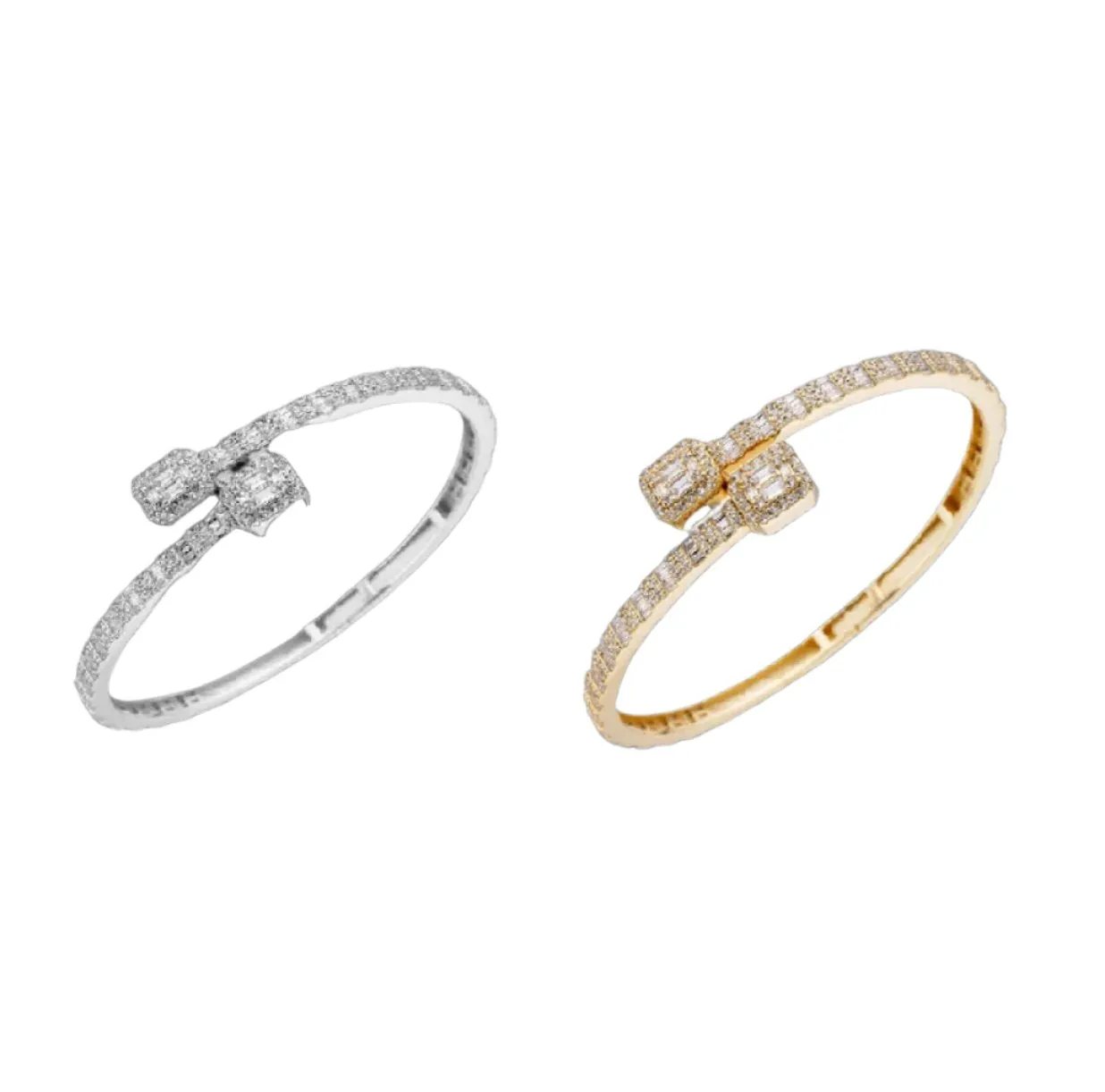 Bling Iced Out Unisex 14k Gold Plated over Sterling Silver 925 Moissanite Square Cuff Bangle Bracelet - M303419