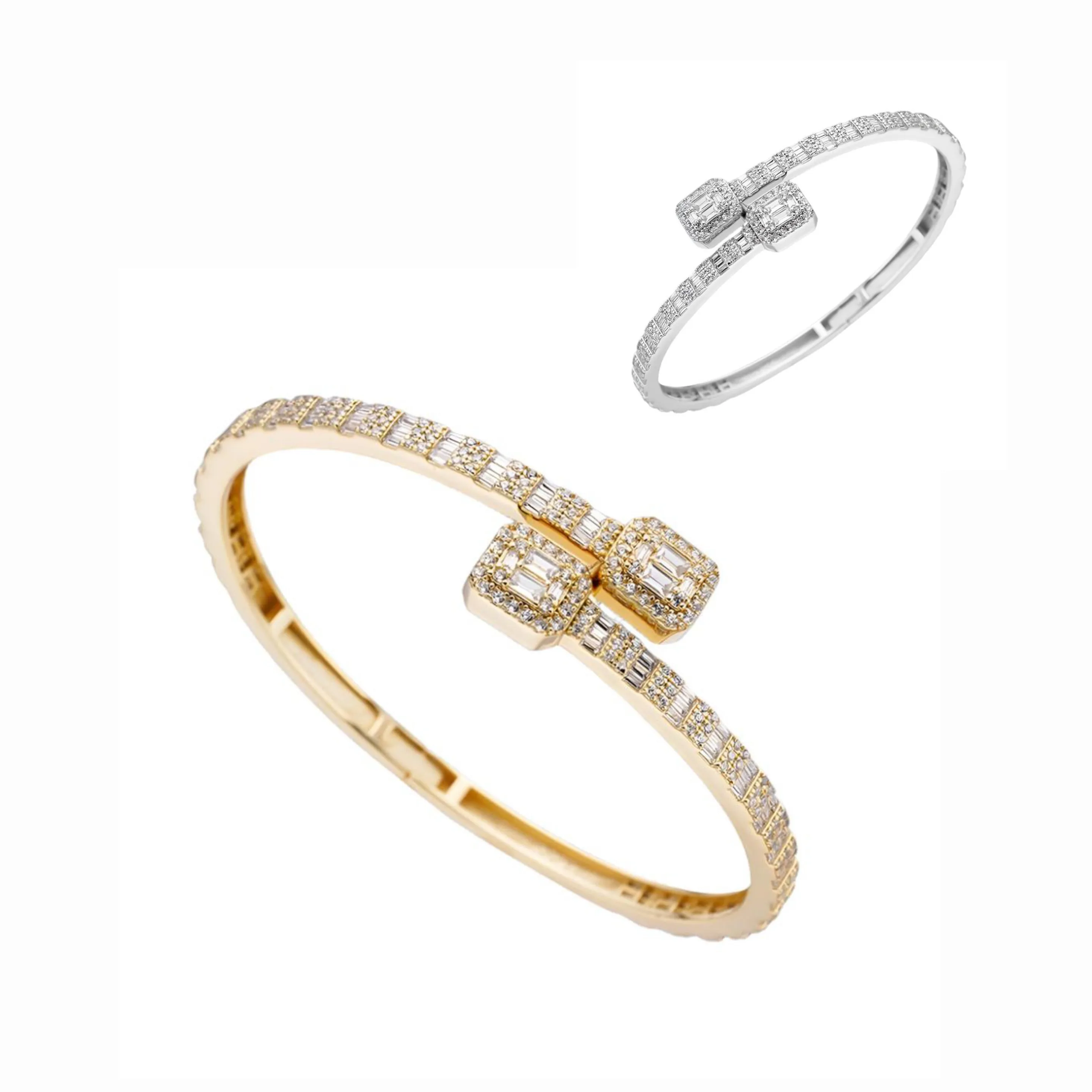 Bling Iced Out Unisex 14k Gold Plated over Sterling Silver 925 Moissanite Square Cuff Bangle Bracelet - M303419