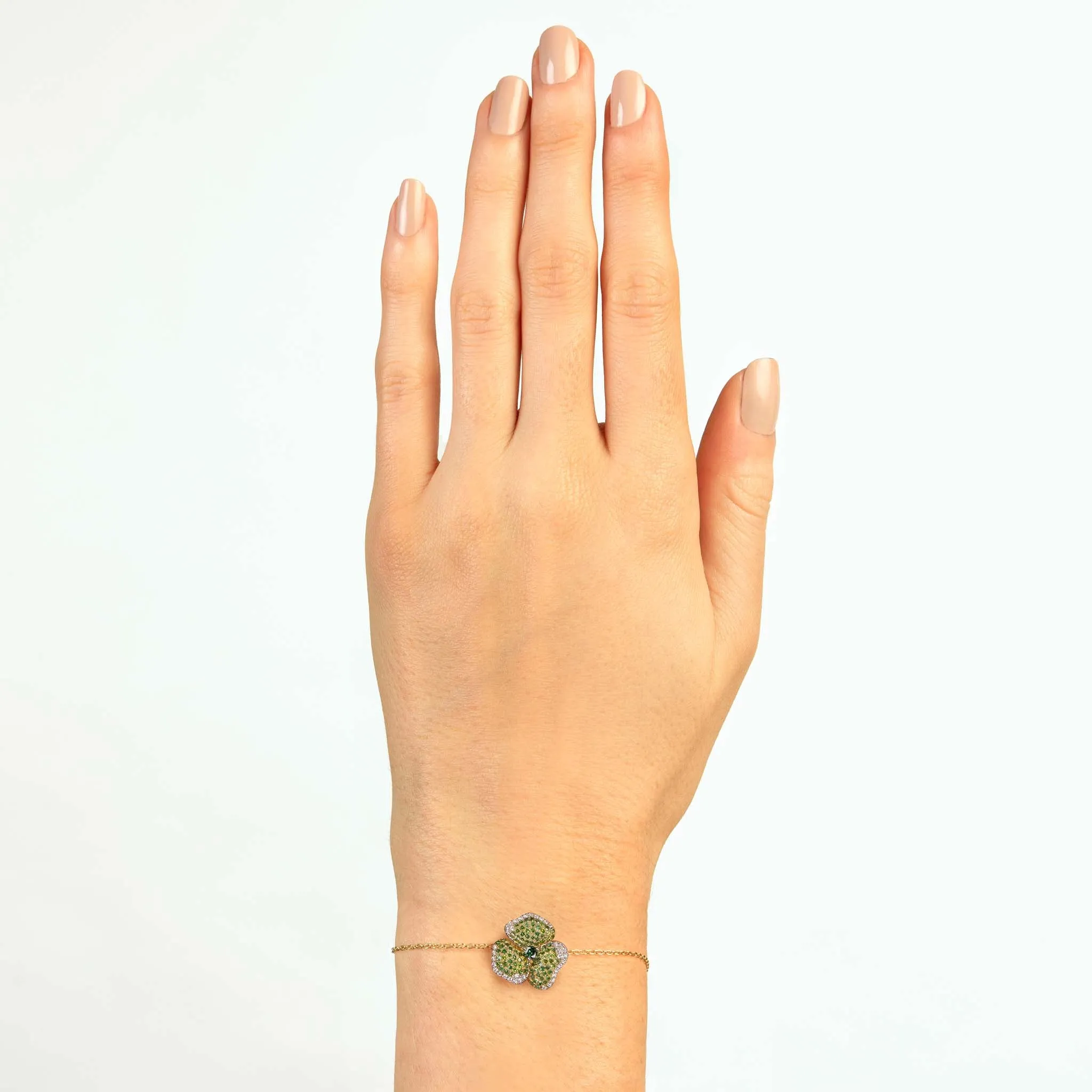 Bloom Small Flower Green Diamonds Bracelet in Yellow Gold