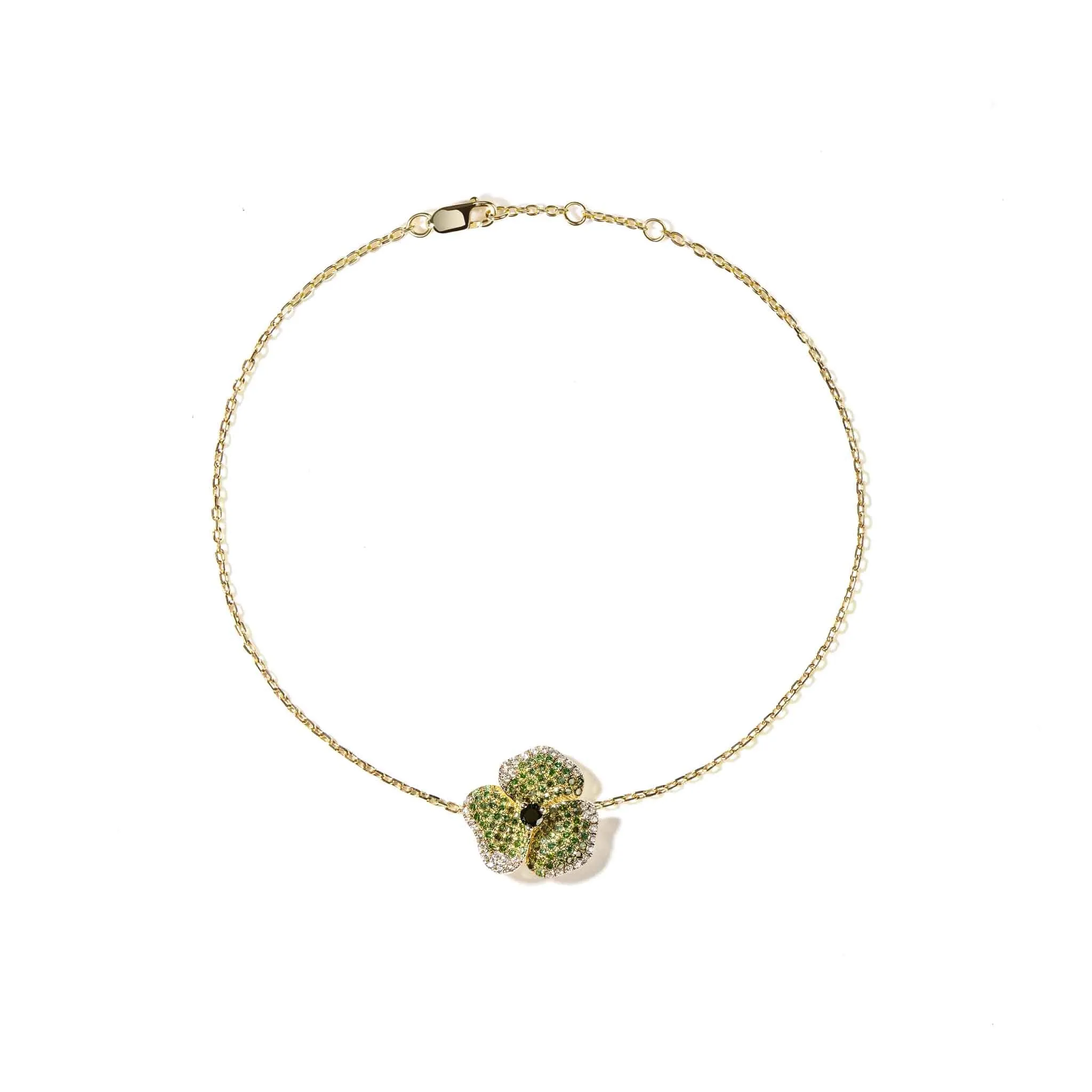 Bloom Small Flower Green Diamonds Bracelet in Yellow Gold