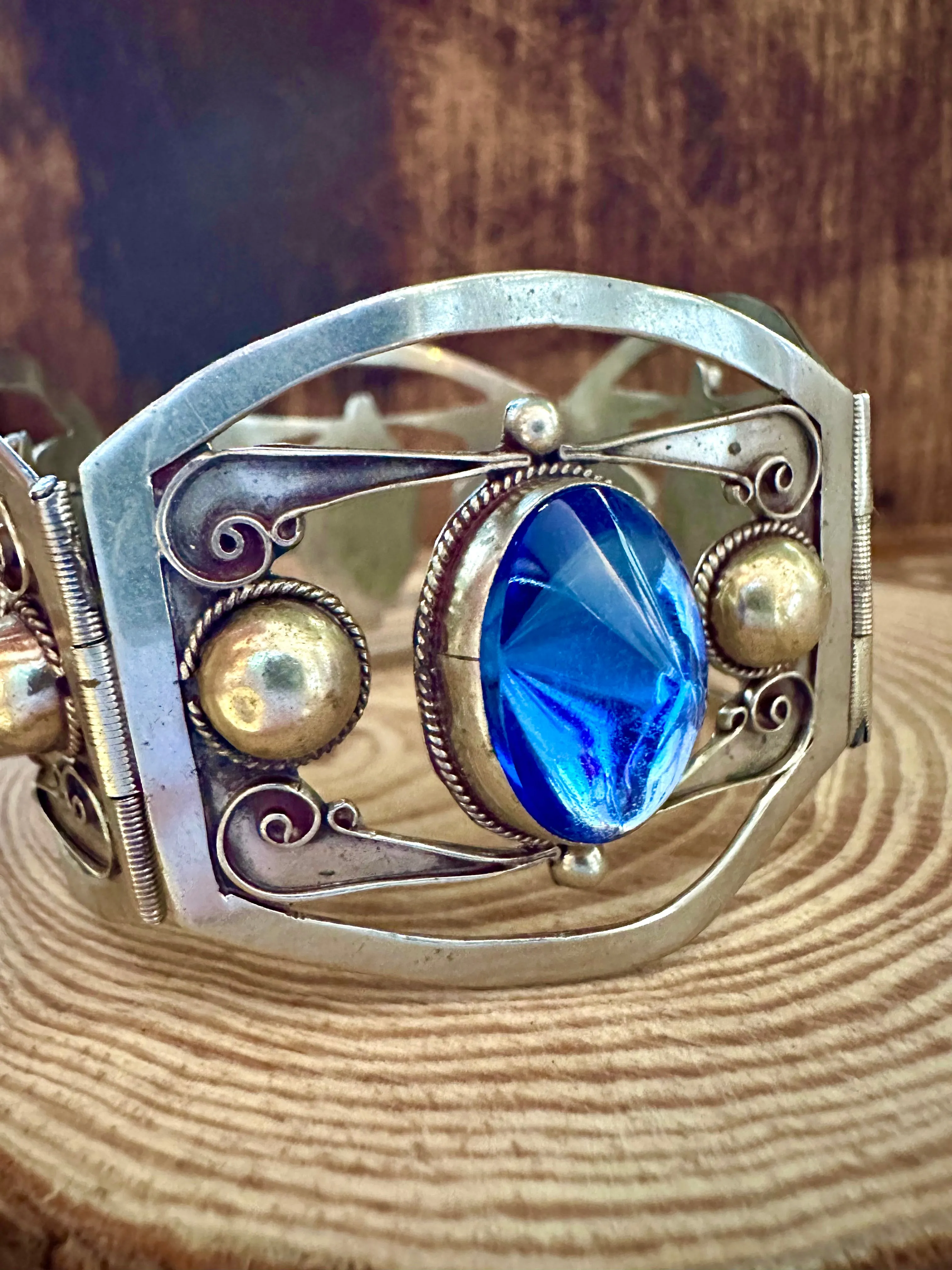 BLUE JEWELED ART Deco Sterling Silver Bracelet
