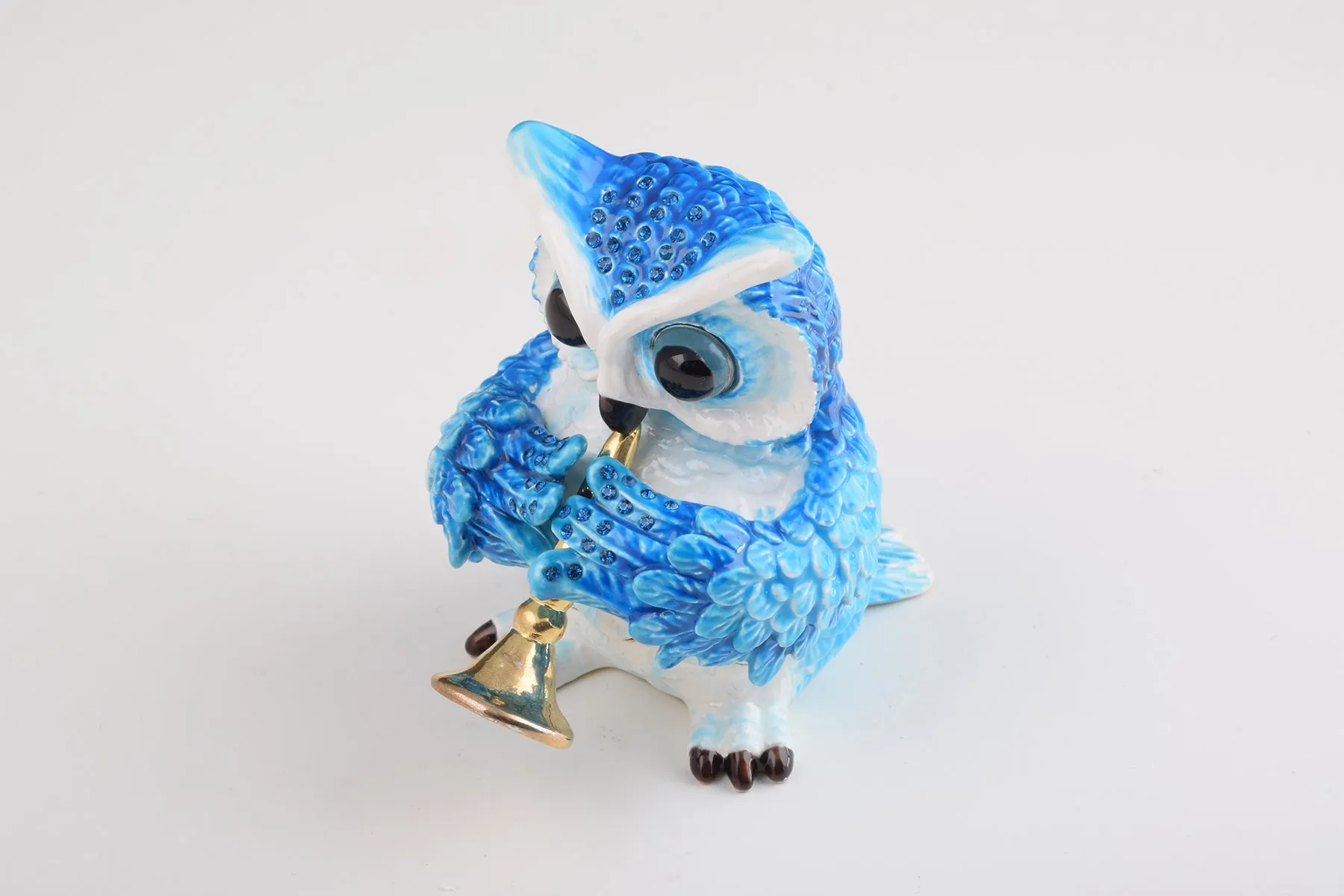 Blue Owl Playing Trumpet Trinket Box