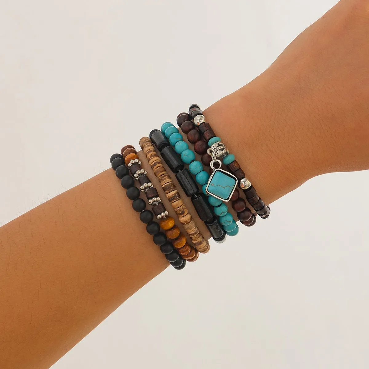 Boho 7pcs Turquoise Inlaid Square Charm Coconut Shell Wood Beaded Chain Bracelet Set