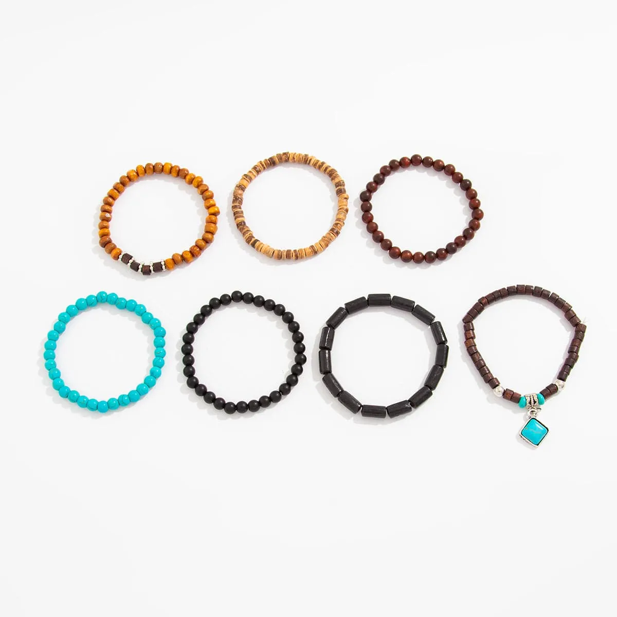 Boho 7pcs Turquoise Inlaid Square Charm Coconut Shell Wood Beaded Chain Bracelet Set