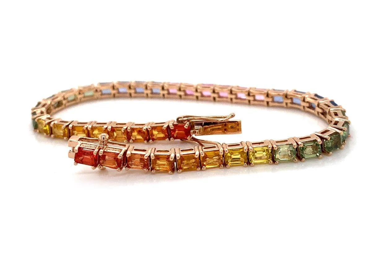 Bracelet 14kt Gold Emerald Cut Multicolor Sapphires Tennis