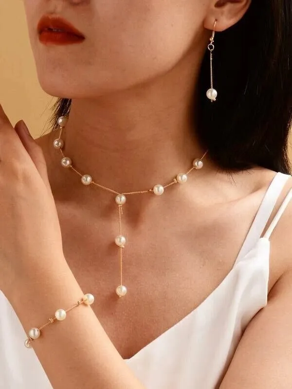 Bridal Pearl Chain Necklace Earrings Bracelet 4 PC Jewelry Set, Wedding or Prom Pearl Necklace
