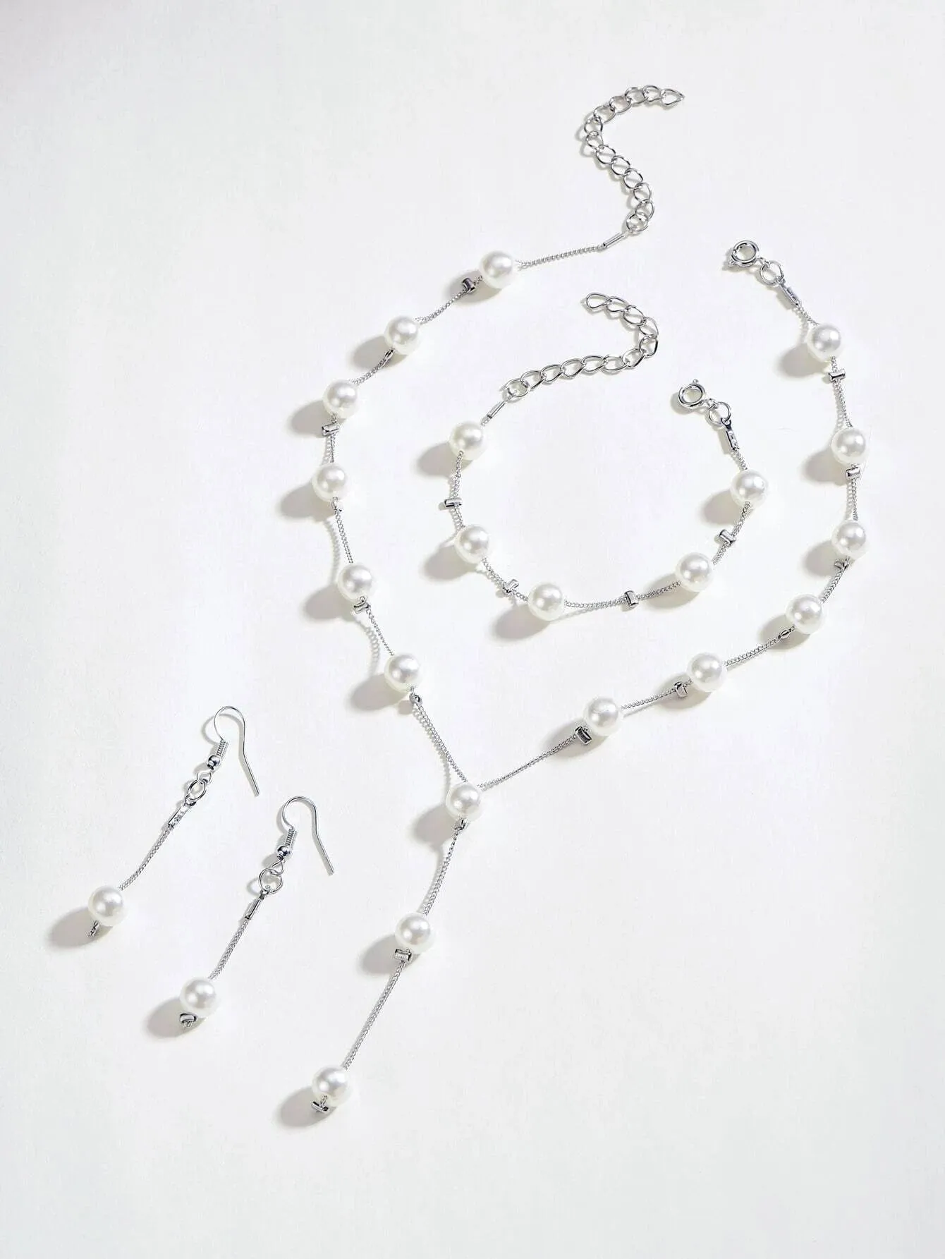 Bridal Pearl Chain Necklace Earrings Bracelet 4 PC Jewelry Set, Wedding or Prom Pearl Necklace