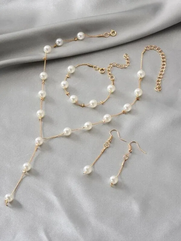 Bridal Pearl Chain Necklace Earrings Bracelet 4 PC Jewelry Set, Wedding or Prom Pearl Necklace