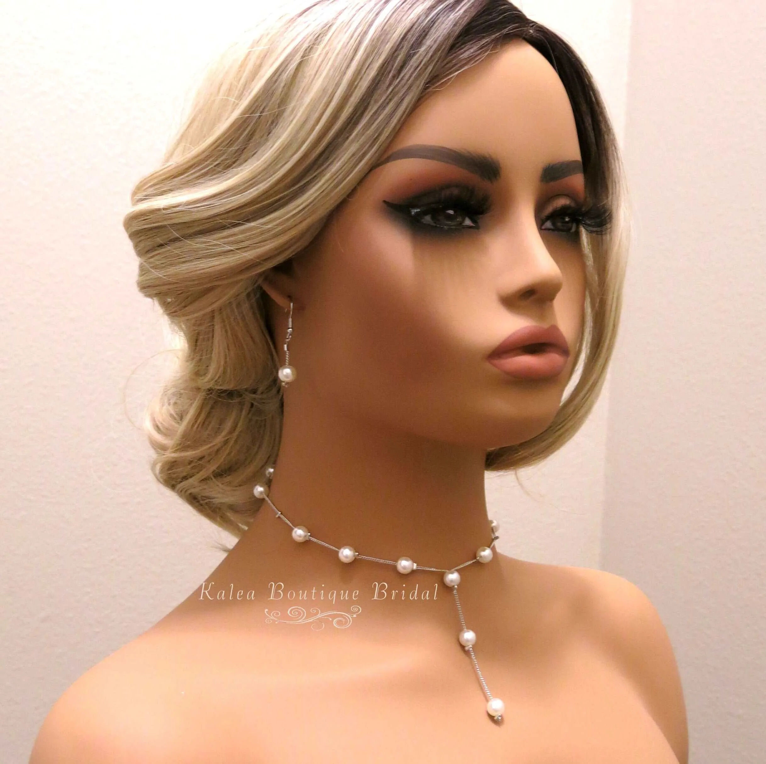 Bridal Pearl Chain Necklace Earrings Bracelet 4 PC Jewelry Set, Wedding or Prom Pearl Necklace