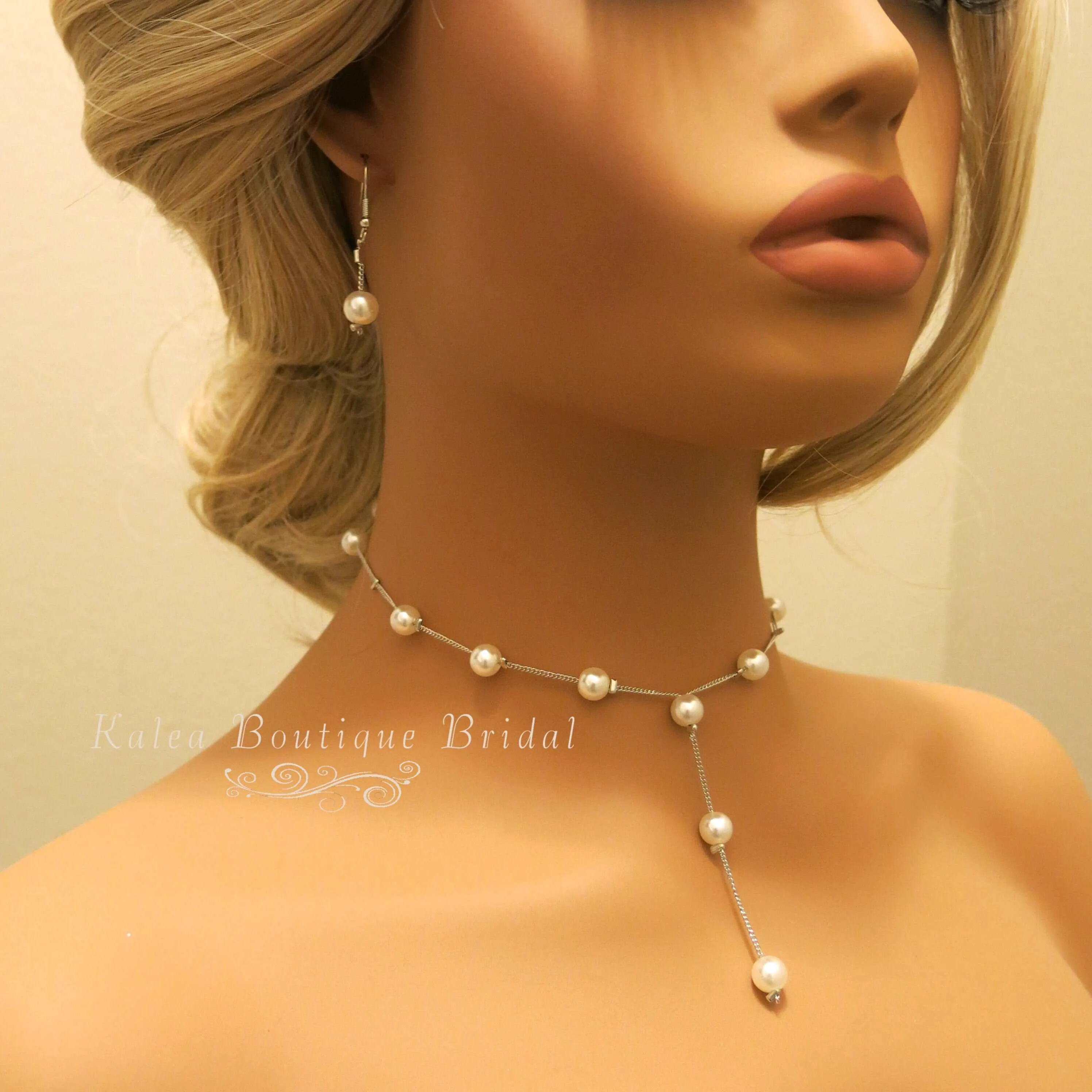 Bridal Pearl Chain Necklace Earrings Bracelet 4 PC Jewelry Set, Wedding or Prom Pearl Necklace