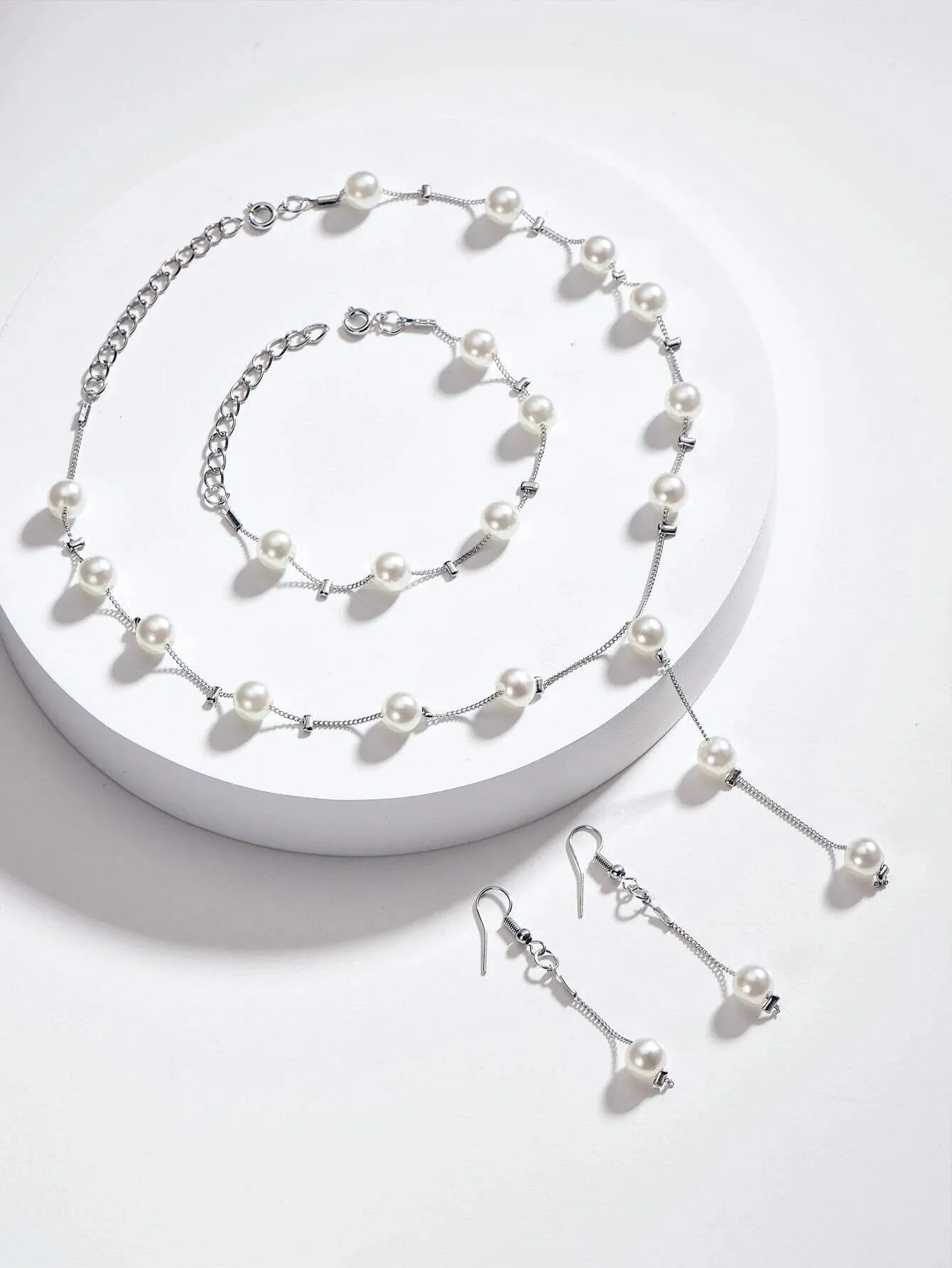Bridal Pearl Chain Necklace Earrings Bracelet 4 PC Jewelry Set, Wedding or Prom Pearl Necklace