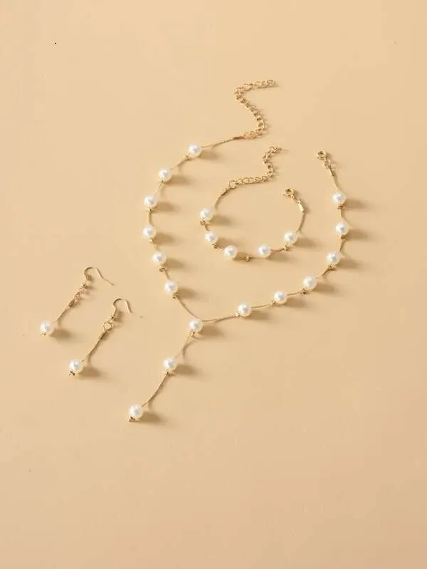 Bridal Pearl Chain Necklace Earrings Bracelet 4 PC Jewelry Set, Wedding or Prom Pearl Necklace