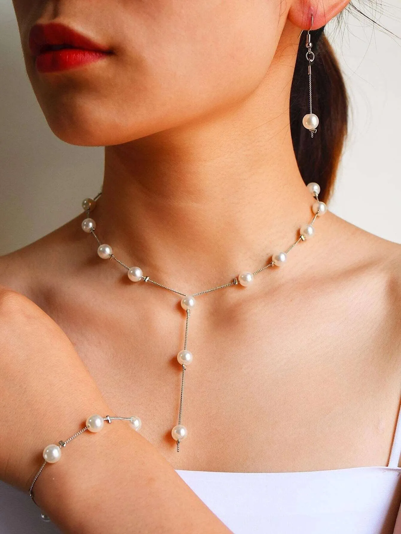 Bridal Pearl Chain Necklace Earrings Bracelet 4 PC Jewelry Set, Wedding or Prom Pearl Necklace