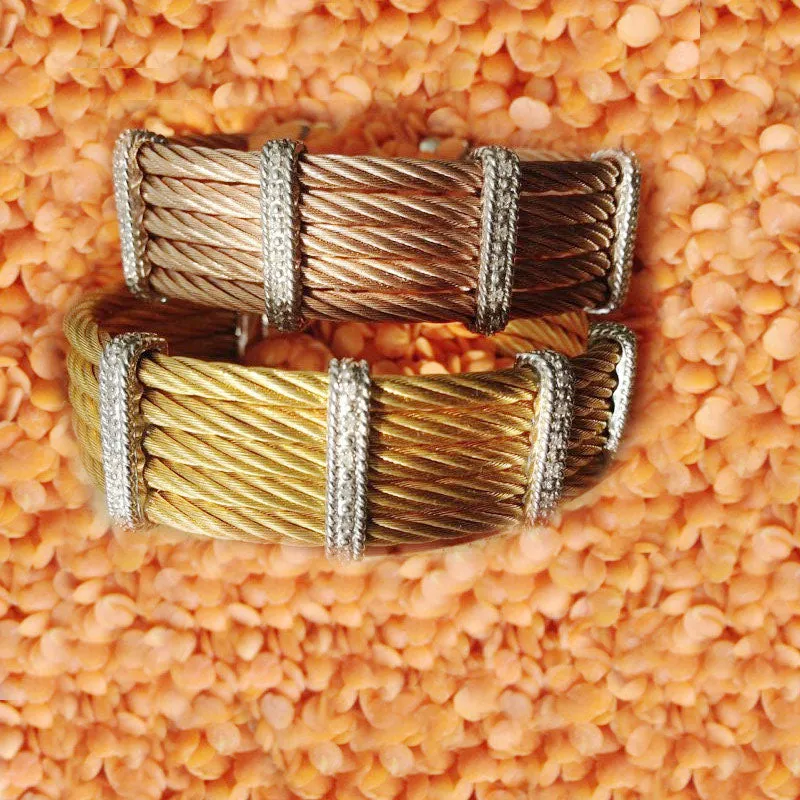 Cable Bracelet in Gold Plated Stainless Steel with White Rhodium Plated Silver and Diamonds