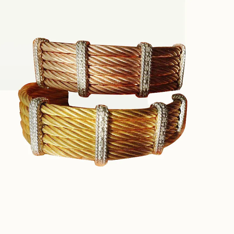 Cable Bracelet in Gold Plated Stainless Steel with White Rhodium Plated Silver and Diamonds