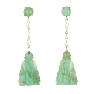 Carved Jade Buddha Earrings Vintage 14k Yellow Gold Dangle Estate Jewelry