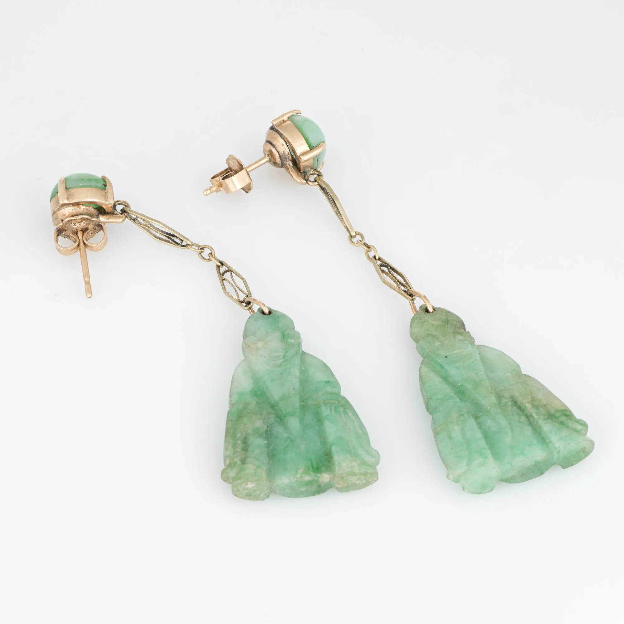 Carved Jade Buddha Earrings Vintage 14k Yellow Gold Dangle Estate Jewelry