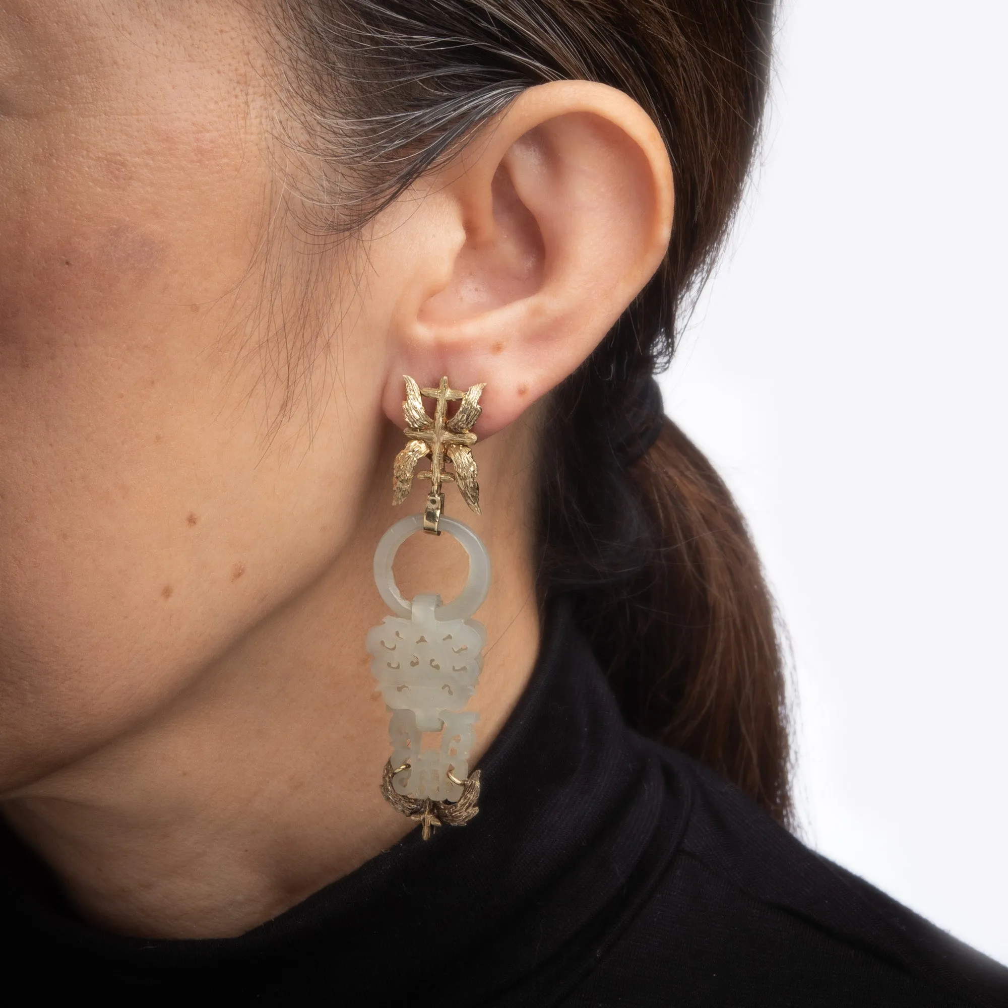 Carved Jade Earrings Vintage 14k Yellow Gold Long Drops Leaf Motif Jewelry