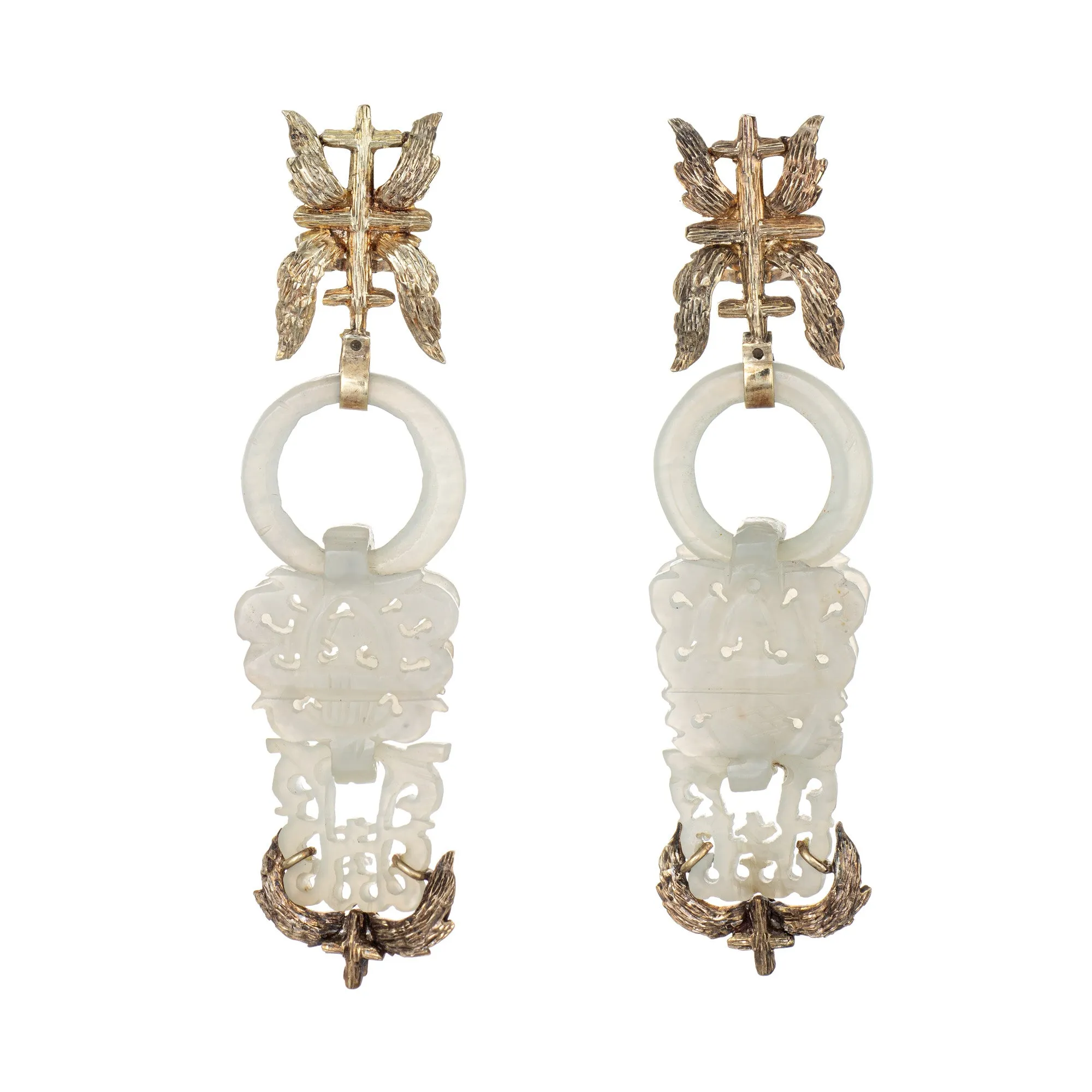 Carved Jade Earrings Vintage 14k Yellow Gold Long Drops Leaf Motif Jewelry