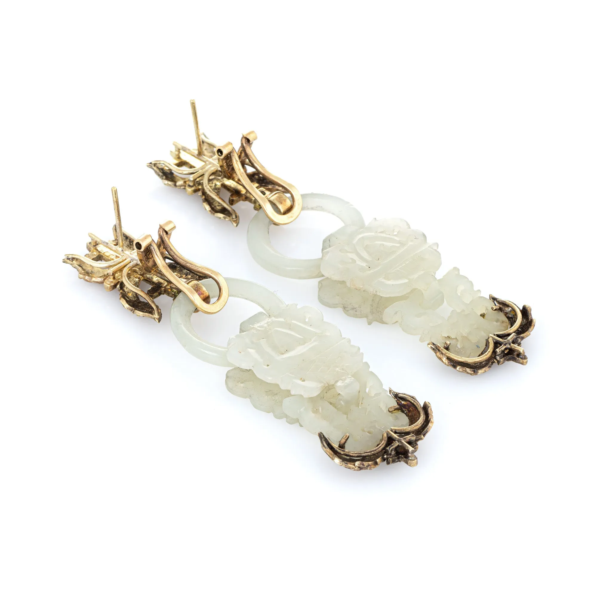 Carved Jade Earrings Vintage 14k Yellow Gold Long Drops Leaf Motif Jewelry