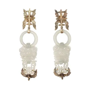 Carved Jade Earrings Vintage 14k Yellow Gold Long Drops Leaf Motif Jewelry