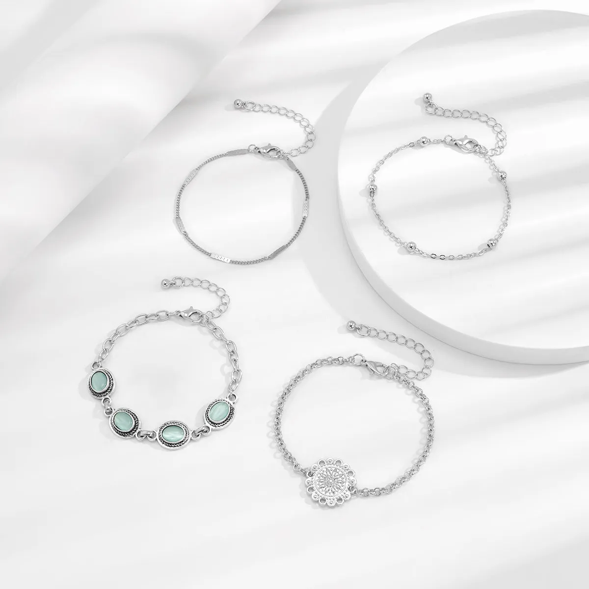 Cats Eye & Silver-Plated Oval Charm Bracelet Set