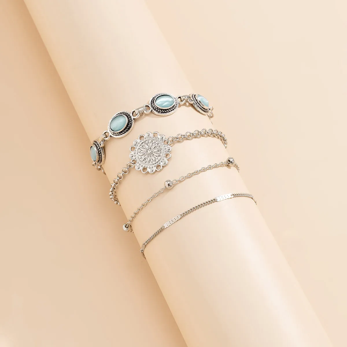 Cats Eye & Silver-Plated Oval Charm Bracelet Set