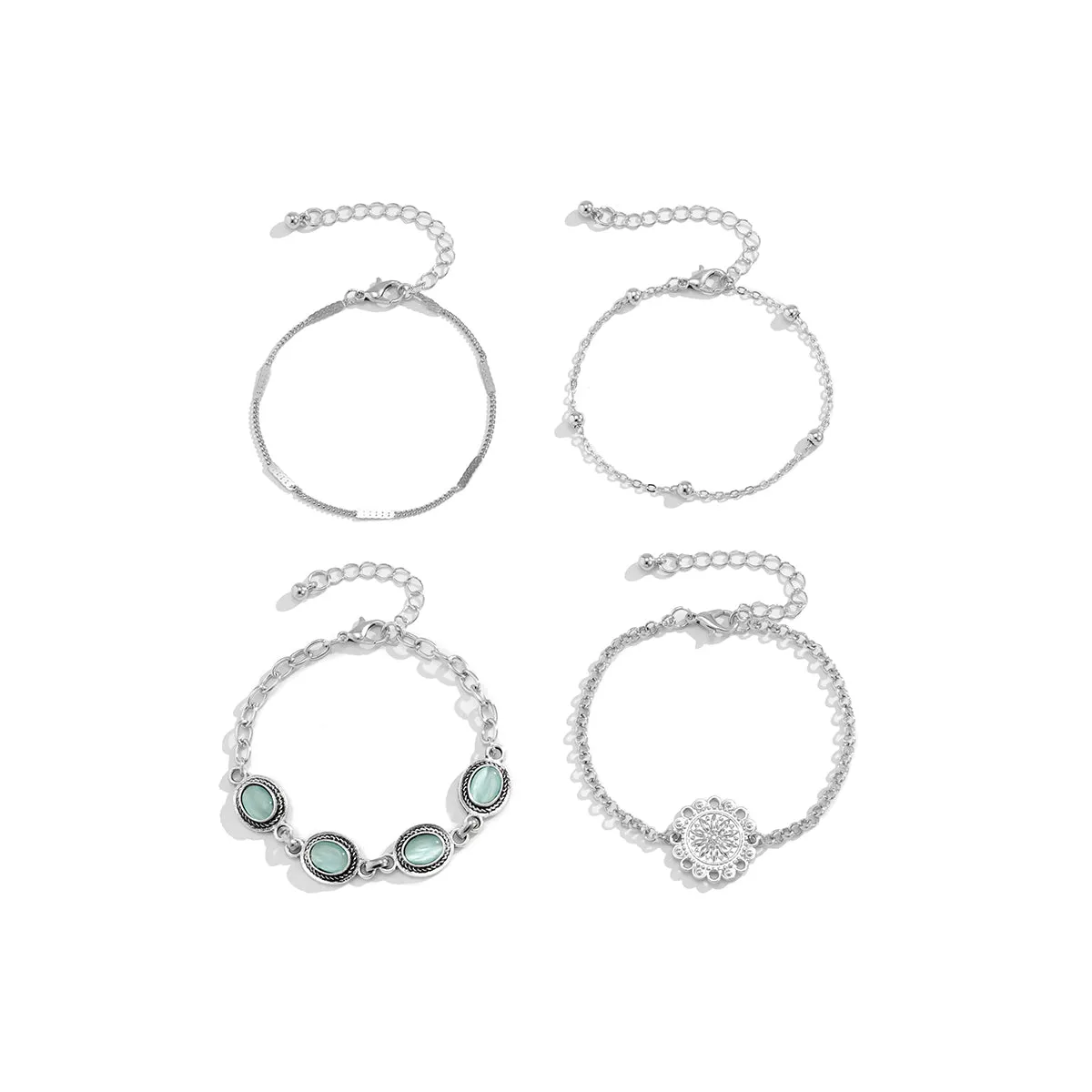 Cats Eye & Silver-Plated Oval Charm Bracelet Set