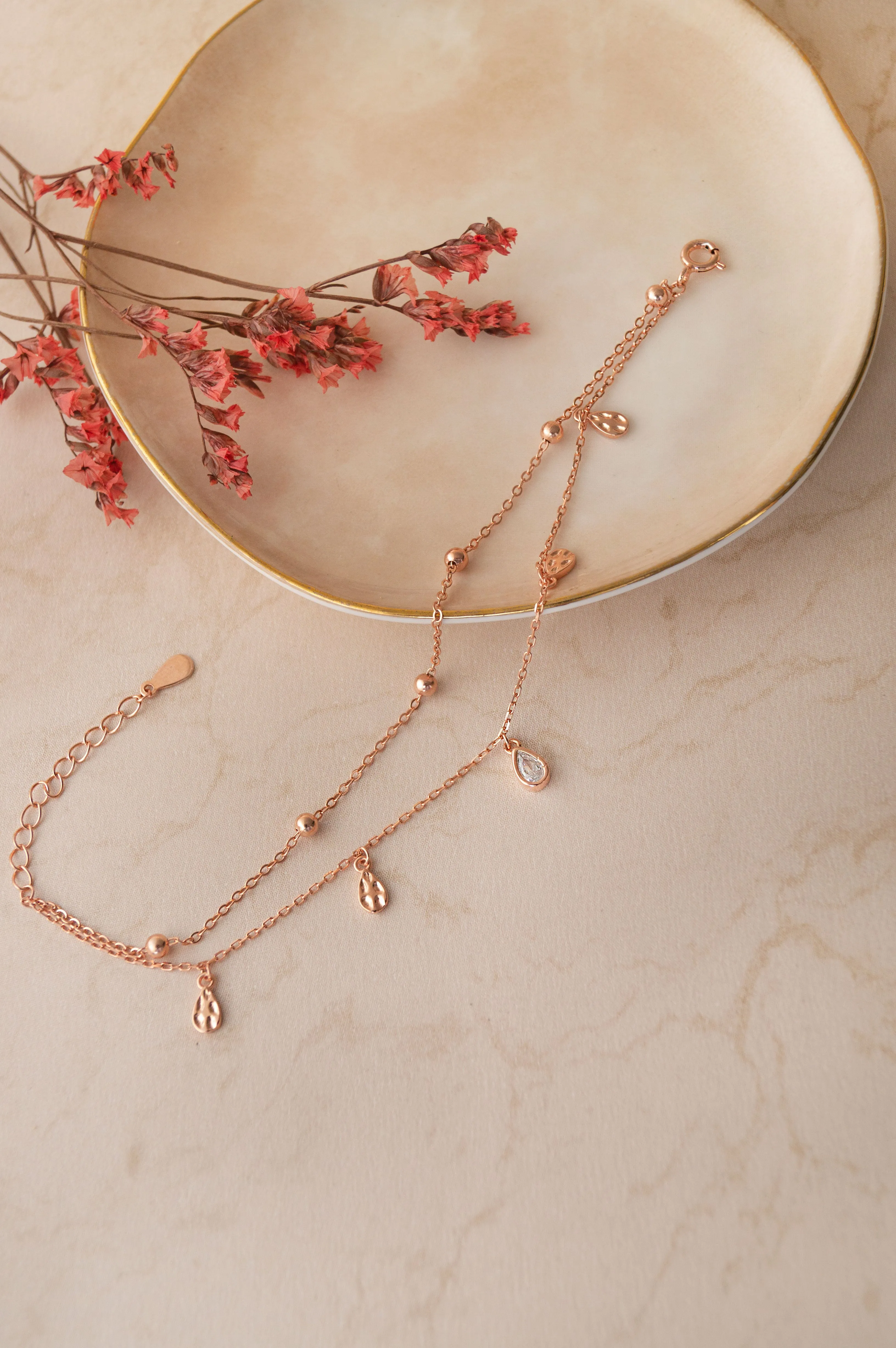 Charming Two Layer Trinklet Rose Gold Plated Sterling Silver Chain Bracelet