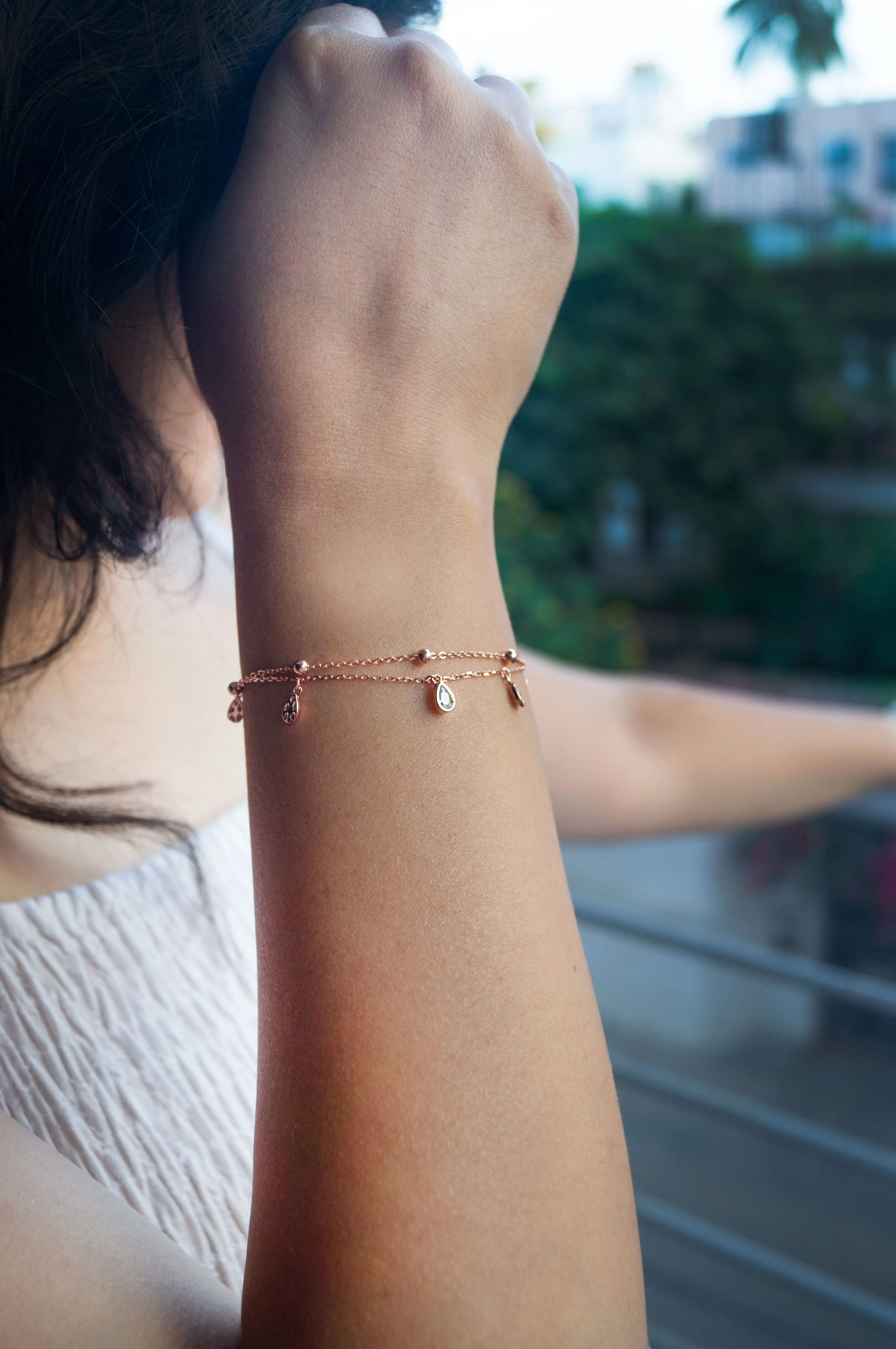 Charming Two Layer Trinklet Rose Gold Plated Sterling Silver Chain Bracelet