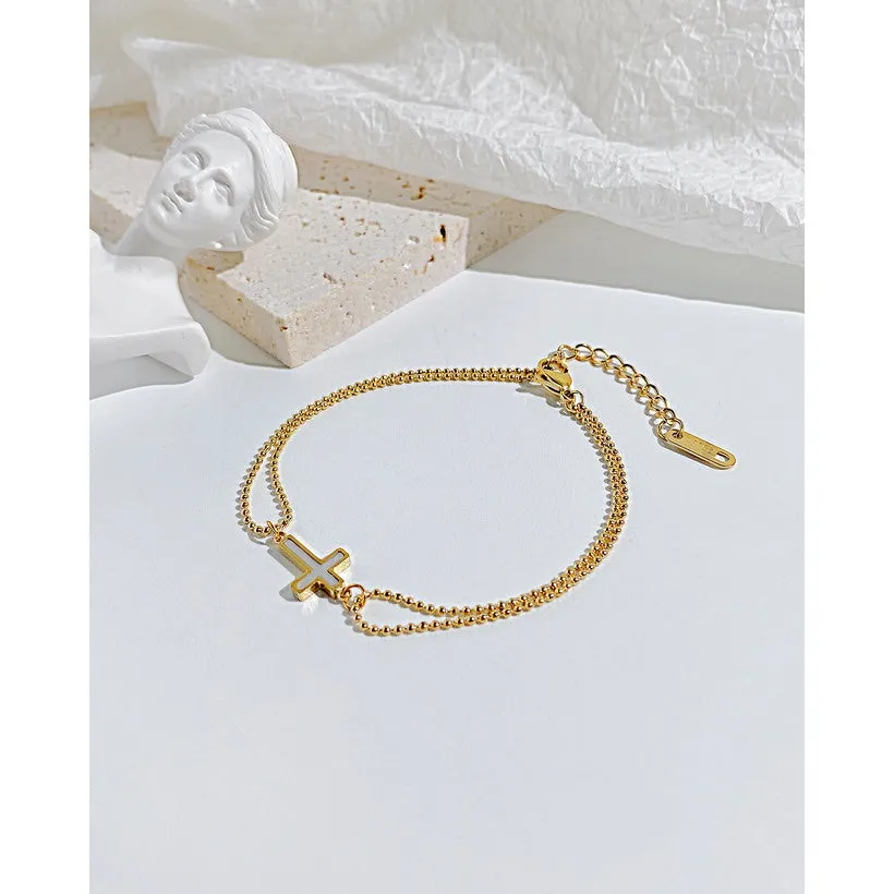 Children's, Teens' and Mothers' Bracelets:  Steel with 14k Gold IP Abalone Shell Inlaid Cross Bracelet