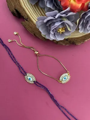 (Combo of 2) Designer Diamond Gold Plated Evil Eye Bracelet & Purple Rakhi Thread For Bhabhi-Brother